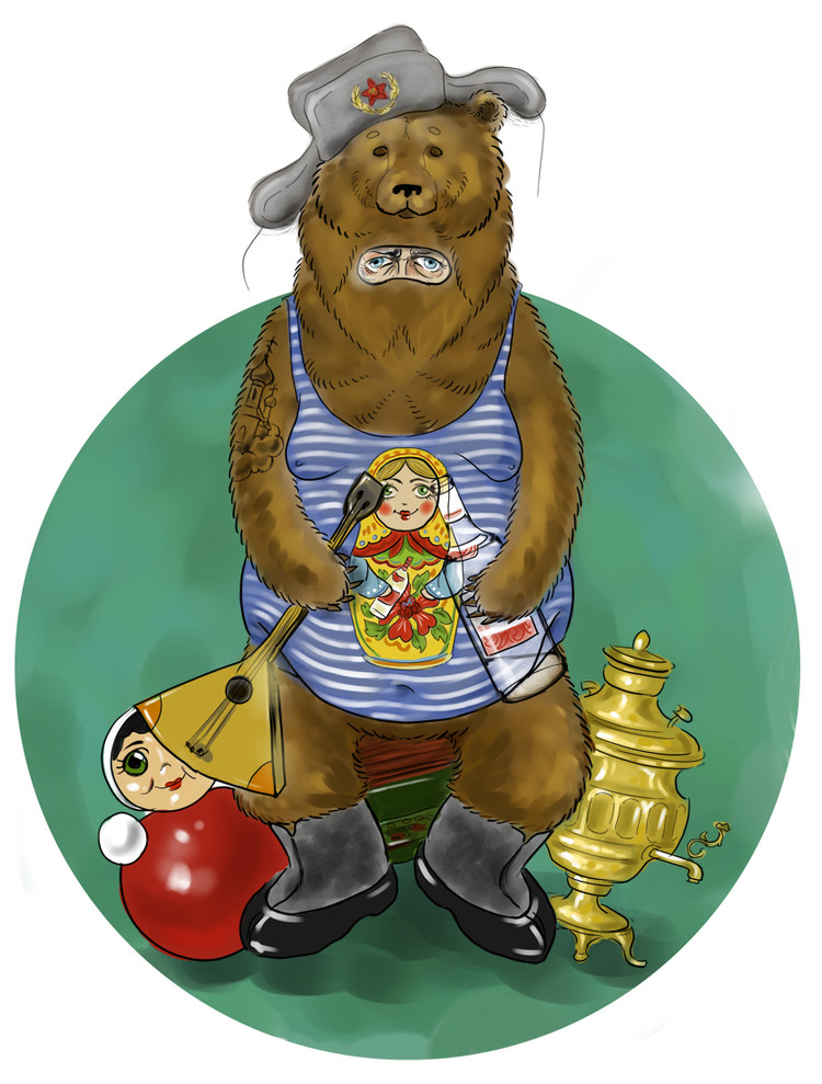 Медведь в шапке ушанке с балалайкой и водкой