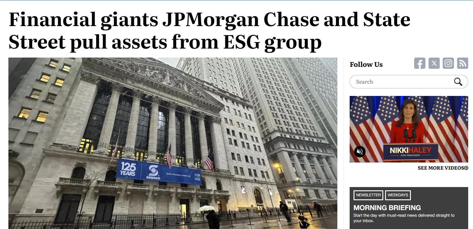 Рис. 1. Financial giants JPMorgan Chase and State Street pull assets from ESG group. The Washington Times. February 15, 2024 [4].
