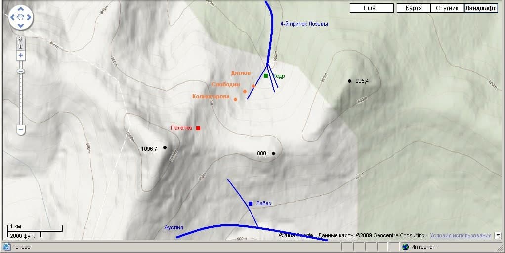 Карта нахождения дятловцев