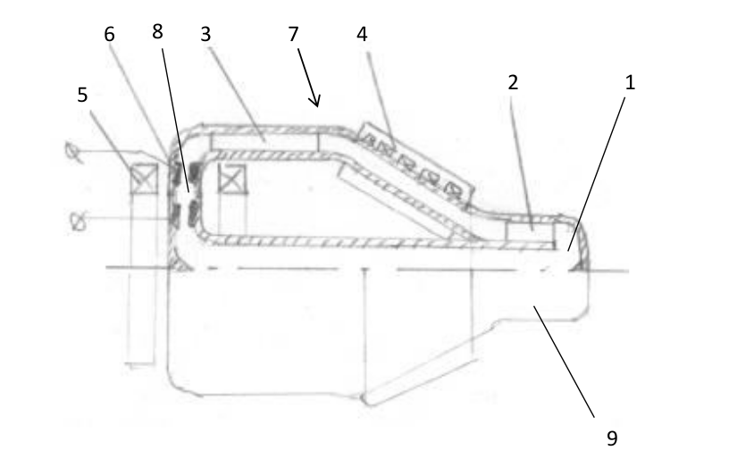 Схема МГД-установки, реализующий цикл Брайтона, с индукционным компрессором и кондукционным дисковым МГД-генератором (вид сбоку, разрез)