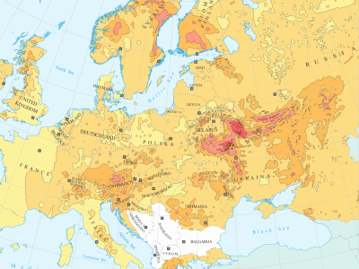 карта радиоактивного поражения после Чернобыльской аварии над Европой