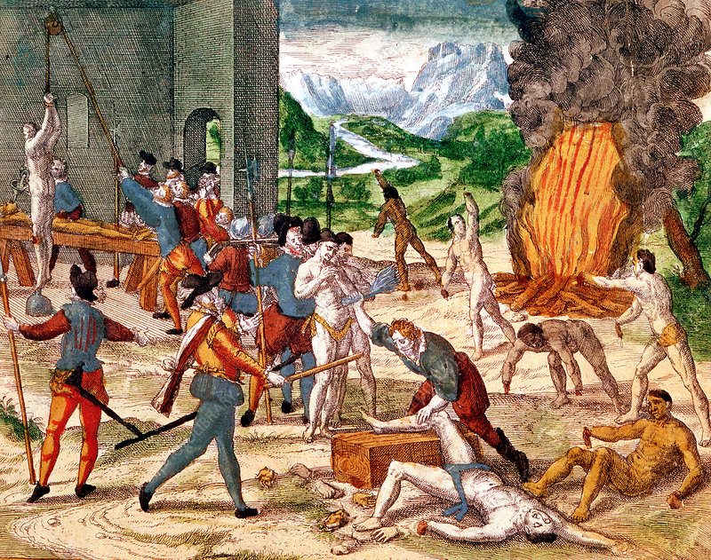 Spanish conquistadors torturing American Indians, 1539-1542